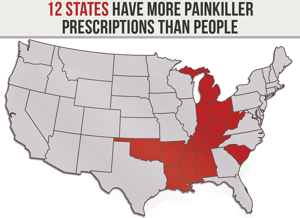 Prescription painkillers vs people per state map United States