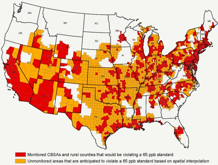 A 65 ppb ozone standard puts most areas into nonattainment